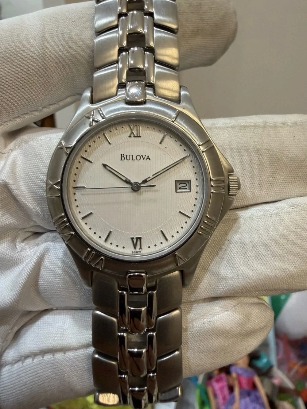 Bulova 96B21 Men's Watch Stainless Steel Silver White Pinstripe Roman Date New